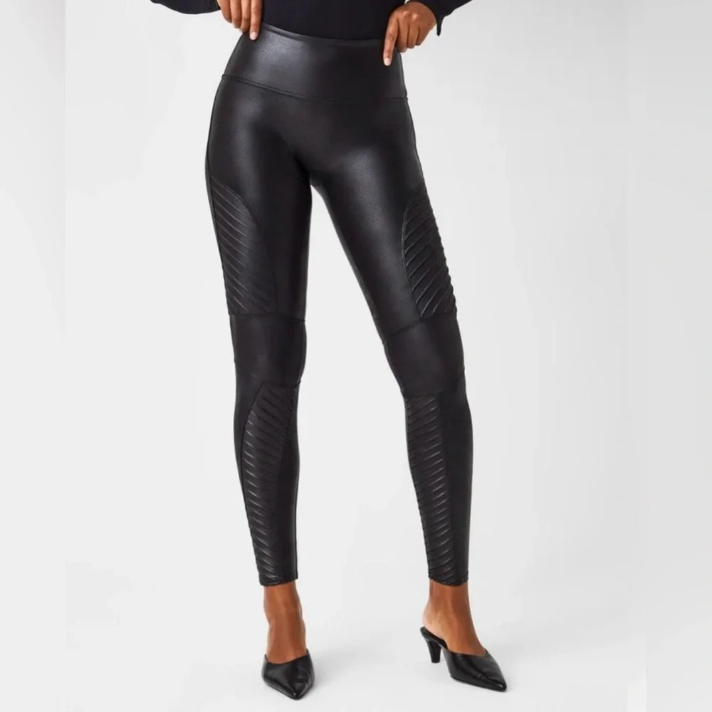 Spanx Moto Faux Leather Black Edgy Leggings Large